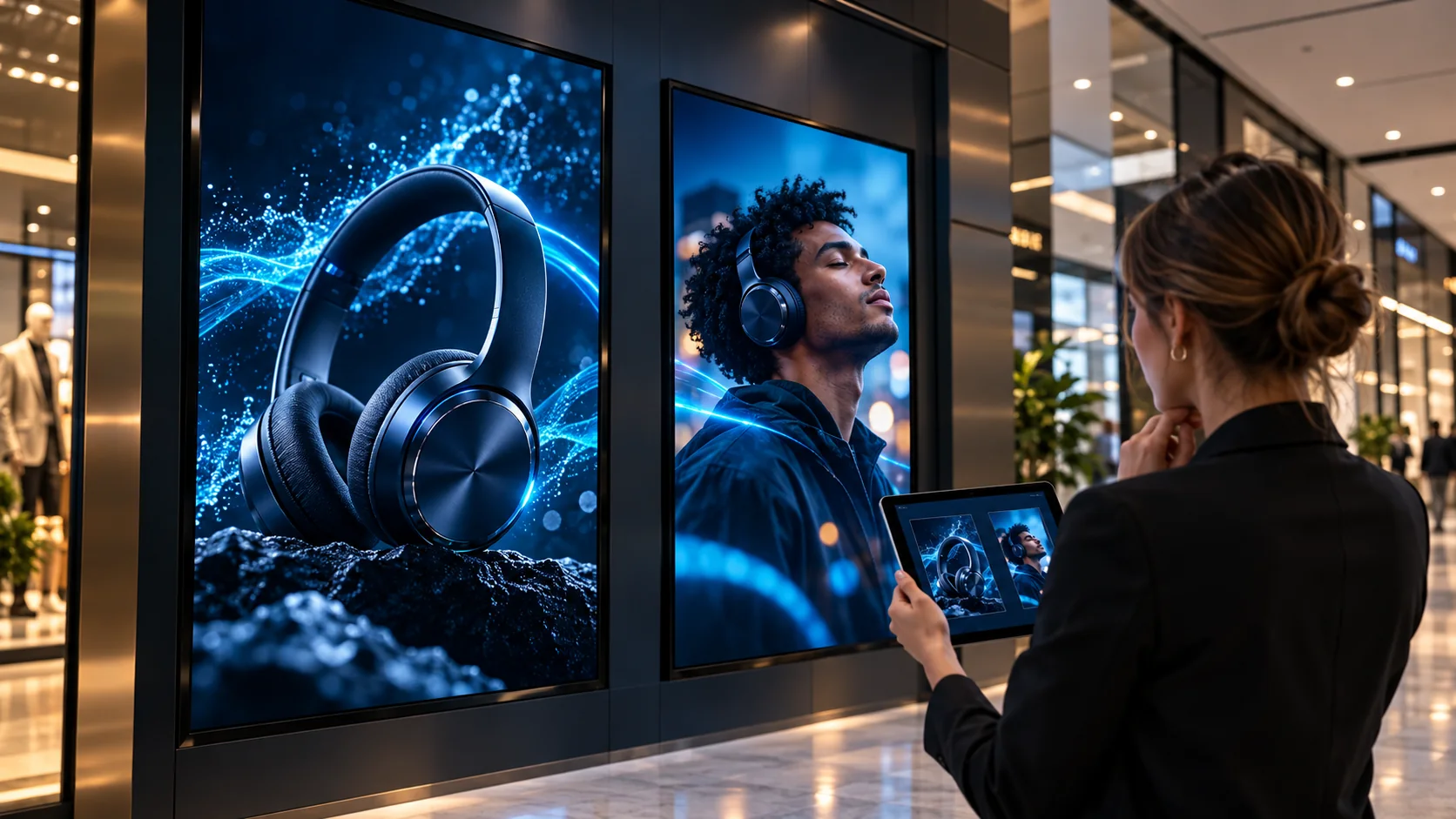 Profissional compara duas campanhas exibidas em telas digitais indoor