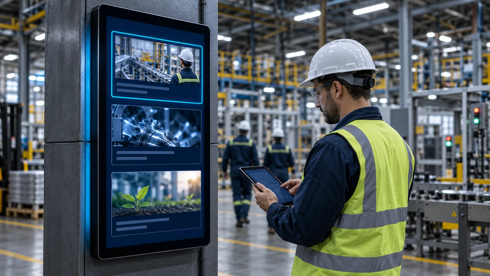 Profissional revisa sugestões de conteúdo em uma tela digital de ambiente industrial