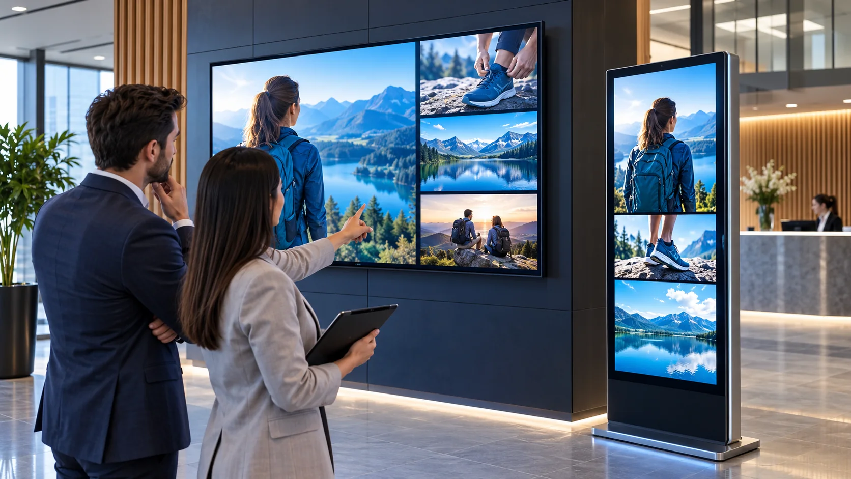Duas telas indoor mostram variações visuais de uma mesma campanha