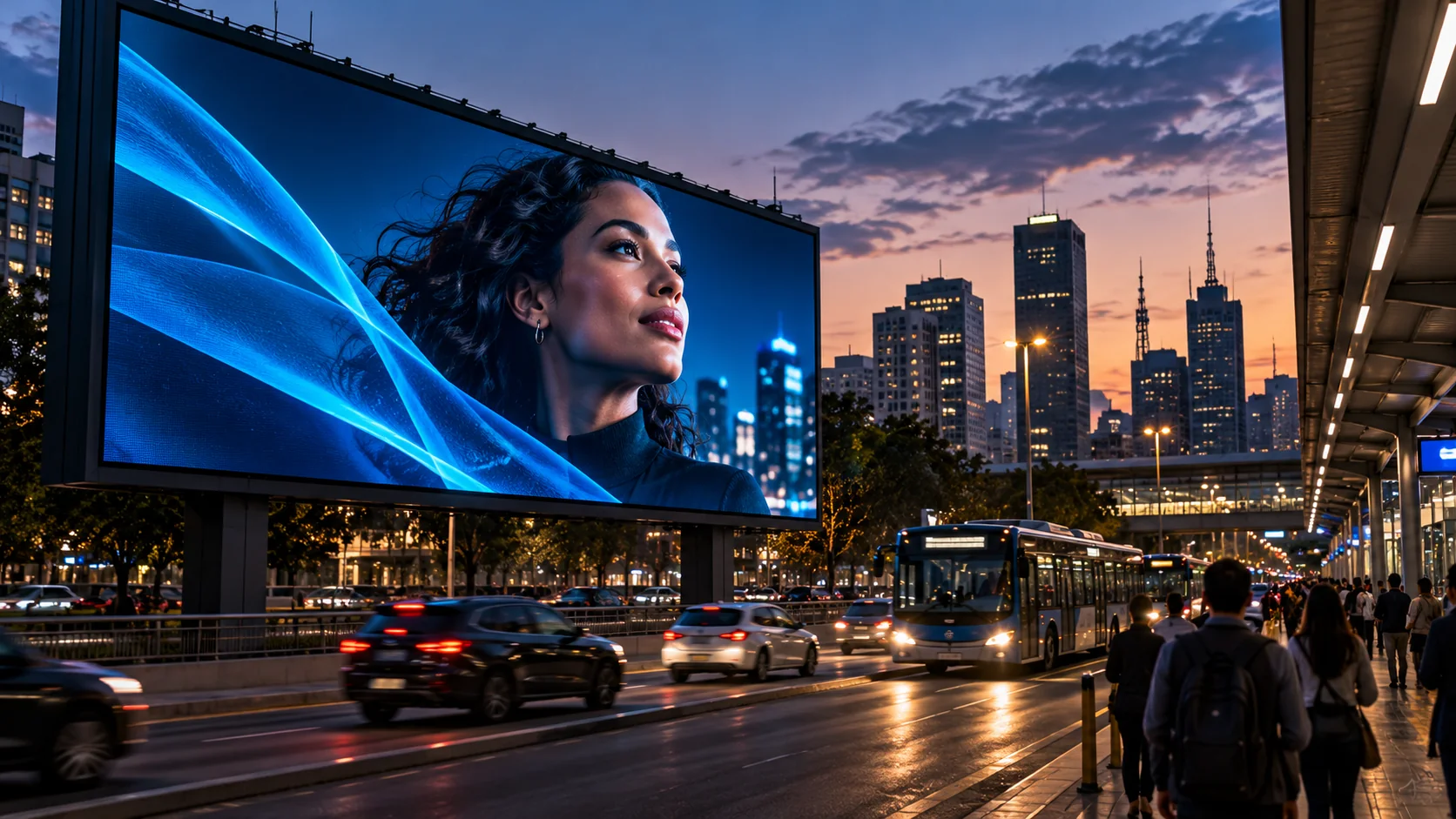 Painel digital em ambiente urbano com circulação de pedestres